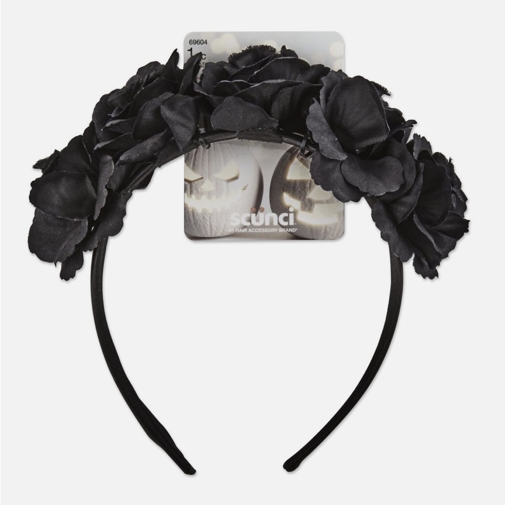 Scunci Glamoween Black Floral Headband Day of the Dead or Catrina